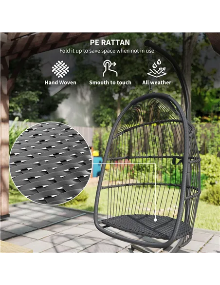 Outsunny Rattan Hanging Egg Chair with Stand, Foldable Wicker Swing Egg Chair with Cushion, Head Pillow, Steel Frame, Hammock Ch