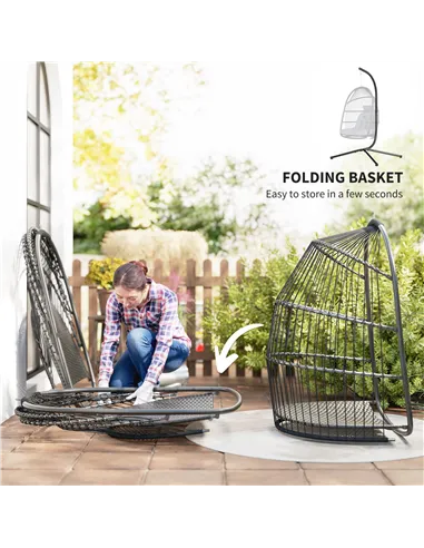 Outsunny Rattan Hanging Egg Chair with Stand, Foldable Wicker Swing Egg Chair with Cushion, Head Pillow, Steel Frame, Hammock Ch