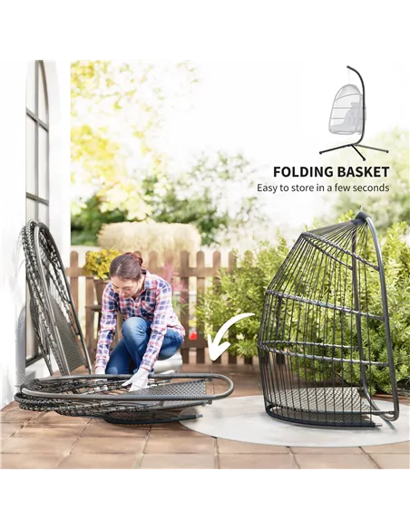 Outsunny Rattan Hanging Egg Chair with Stand, Foldable Wicker Swing Egg Chair with Cushion, Head Pillow, Steel Frame, Hammock Ch
