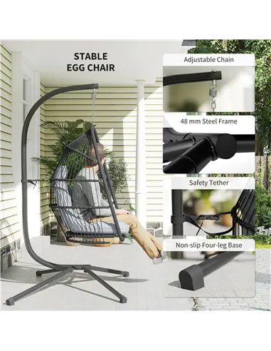 Outsunny Rattan Hanging Egg Chair with Stand, Foldable Wicker Swing Egg Chair with Cushion, Head Pillow, Steel Frame, Hammock Ch