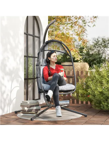 Outsunny Rattan Hanging Egg Chair with Stand, Foldable Wicker Swing Egg Chair with Cushion, Head Pillow, Steel Frame, Hammock Ch