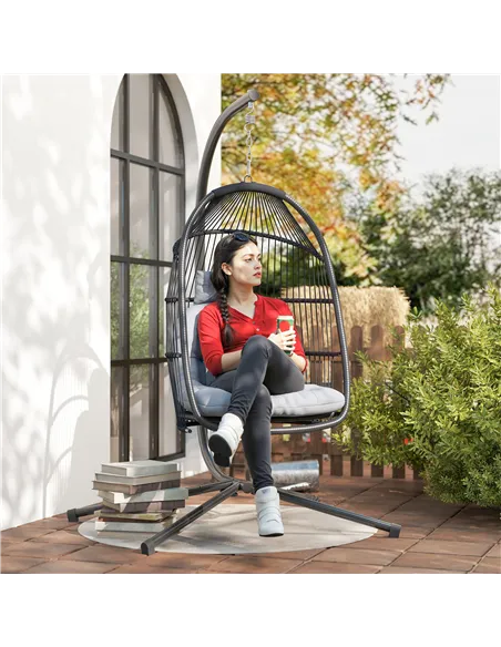 Outsunny Rattan Hanging Egg Chair with Stand, Foldable Wicker Swing Egg Chair with Cushion, Head Pillow, Steel Frame, Hammock Ch