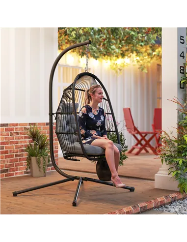 Outsunny Rattan Hanging Egg Chair with Stand, Foldable Wicker Swing Egg Chair with Cushion, Head Pillow, Steel Frame, Hammock Ch