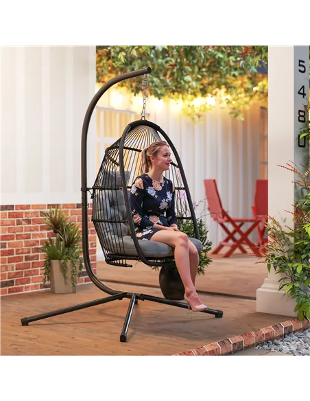Outsunny Rattan Hanging Egg Chair with Stand, Foldable Wicker Swing Egg Chair with Cushion, Head Pillow, Steel Frame, Hammock Ch