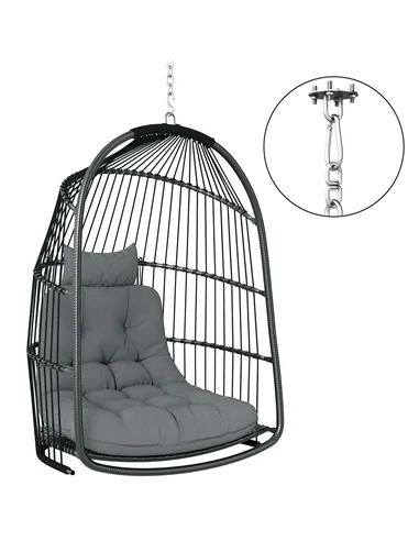 Outsunny Hanging Egg Chair, Foldable Rattan Garden Swing Chair with Installation Kit, Thickened Cushion and Headrest, Indoor Out