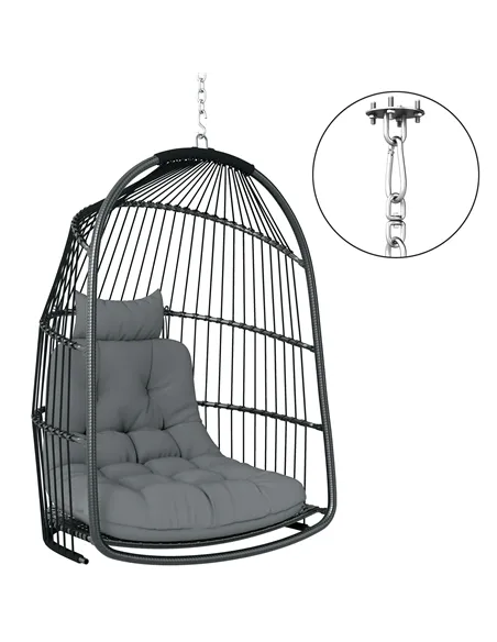 Outsunny Hanging Egg Chair, Foldable Rattan Garden Swing Chair with Installation Kit, Thickened Cushion and Headrest, Indoor Out