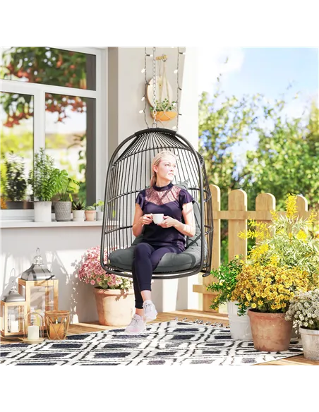 Outsunny Hanging Egg Chair, Foldable Rattan Garden Swing Chair with Installation Kit, Thickened Cushion and Headrest, Indoor Out