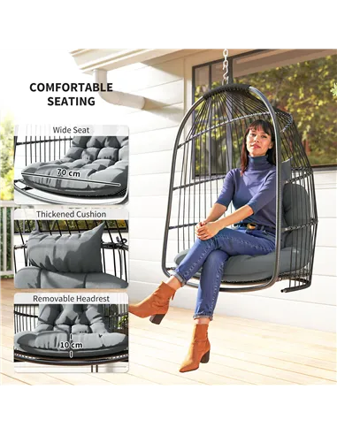Outsunny Hanging Egg Chair, Foldable Rattan Garden Swing Chair with Installation Kit, Thickened Cushion and Headrest, Indoor Out