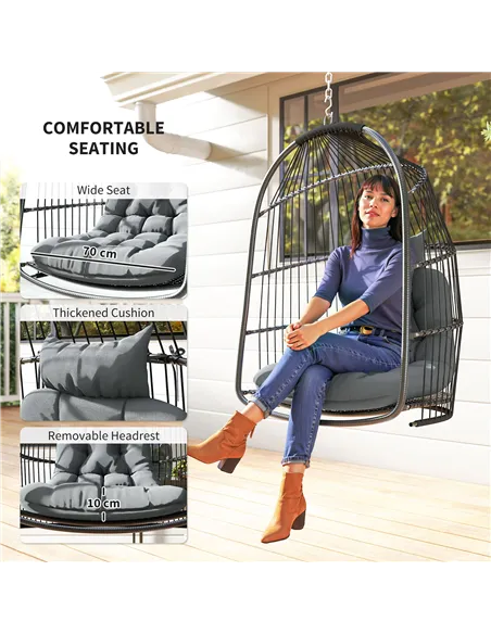 Outsunny Hanging Egg Chair, Foldable Rattan Garden Swing Chair with Installation Kit, Thickened Cushion and Headrest, Indoor Out