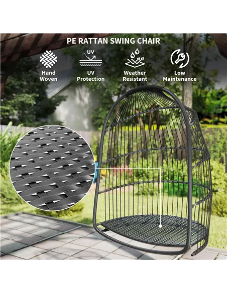 Outsunny Hanging Egg Chair, Foldable Rattan Garden Swing Chair with Installation Kit, Thickened Cushion and Headrest, Indoor Out