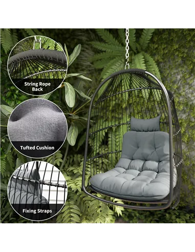 Outsunny Hanging Egg Chair, Foldable Rattan Garden Swing Chair with Installation Kit, Thickened Cushion and Headrest, Indoor Out