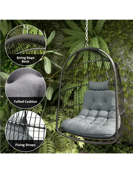 Outsunny Hanging Egg Chair, Foldable Rattan Garden Swing Chair with Installation Kit, Thickened Cushion and Headrest, Indoor Out
