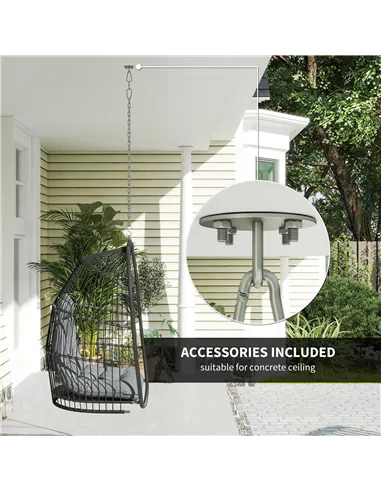 Outsunny Hanging Egg Chair, Foldable Rattan Garden Swing Chair with Installation Kit, Thickened Cushion and Headrest, Indoor Out