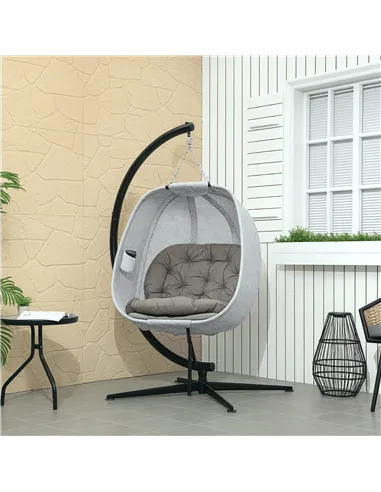 Outsunny Hanging Egg Chair Outdoor Indoor Garden Swing Chair with Folding Basket, Garden Hanging Chair with Stand, Thickened Cus