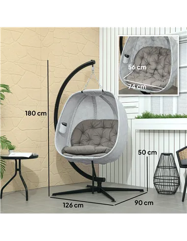 Outsunny Hanging Egg Chair Outdoor Indoor Garden Swing Chair with Folding Basket, Garden Hanging Chair with Stand, Thickened Cus