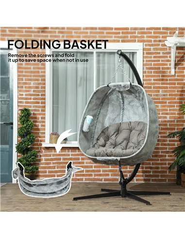 Outsunny Hanging Egg Chair Outdoor Indoor Garden Swing Chair with Folding Basket, Garden Hanging Chair with Stand, Thickened Cus