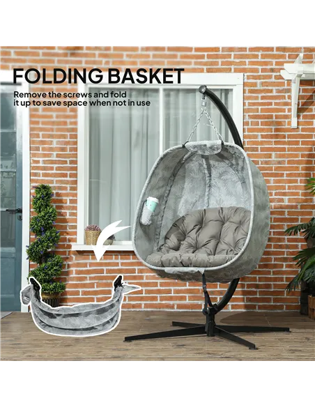 Outsunny Hanging Egg Chair Outdoor Indoor Garden Swing Chair with Folding Basket, Garden Hanging Chair with Stand, Thickened Cus