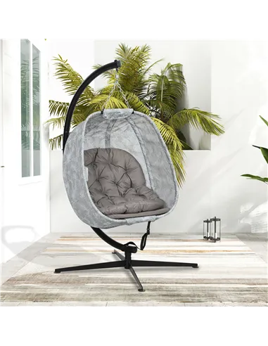Outsunny Hanging Egg Chair Outdoor Indoor Garden Swing Chair with Folding Basket, Garden Hanging Chair with Stand, Thickened Cus