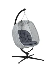 Outsunny Hanging Egg Chair Outdoor Indoor Garden Swing Chair with Folding Basket, Garden Hanging Chair with Stand, Thickened Cus