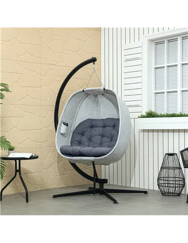 Outsunny Hanging Egg Chair Outdoor Indoor Garden Swing Chair with Folding Basket, Garden Hanging Chair with Stand, Thickened Cus