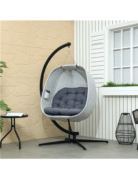 Outsunny Hanging Egg Chair Outdoor Indoor Garden Swing Chair with Folding Basket, Garden Hanging Chair with Stand, Thickened Cus