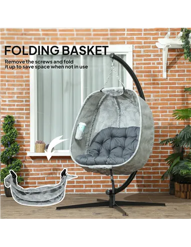 Outsunny Hanging Egg Chair Outdoor Indoor Garden Swing Chair with Folding Basket, Garden Hanging Chair with Stand, Thickened Cus