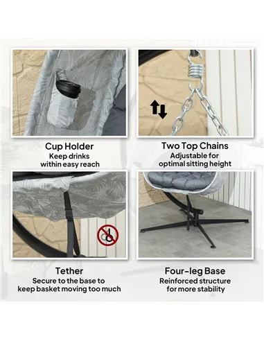 Outsunny Hanging Egg Chair Outdoor Indoor Garden Swing Chair with Folding Basket, Garden Hanging Chair with Stand, Thickened Cus