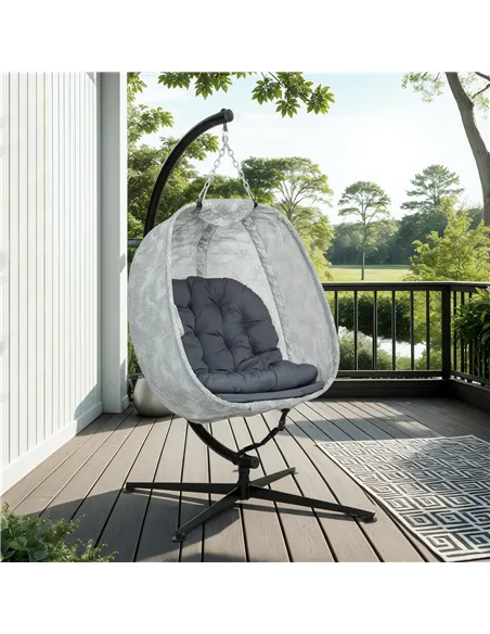 Outsunny Hanging Egg Chair Outdoor Indoor Garden Swing Chair with Folding Basket, Garden Hanging Chair with Stand, Thickened Cus