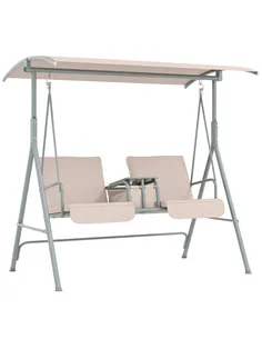 Outsunny 2 Seater Garden Swing Chair Patio Rocking Bench w/ Tilting Canopy, Double Padded Seats, Storage Bag and Tray, Beige