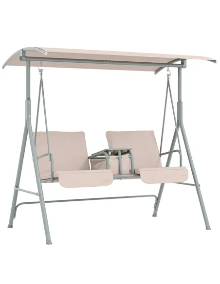 Outsunny 2 Seater Garden Swing Chair Patio Rocking Bench w/ Tilting Canopy, Double Padded Seats, Storage Bag and Tray, Beige