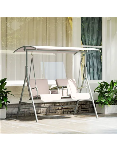 Outsunny 2 Seater Garden Swing Chair Patio Rocking Bench w/ Tilting Canopy, Double Padded Seats, Storage Bag and Tray, Beige