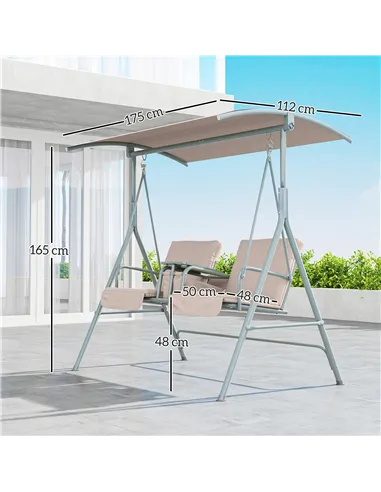 Outsunny 2 Seater Garden Swing Chair Patio Rocking Bench w/ Tilting Canopy, Double Padded Seats, Storage Bag and Tray, Beige