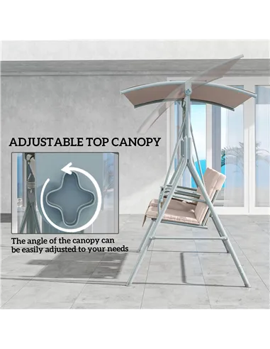 Outsunny 2 Seater Garden Swing Chair Patio Rocking Bench w/ Tilting Canopy, Double Padded Seats, Storage Bag and Tray, Beige