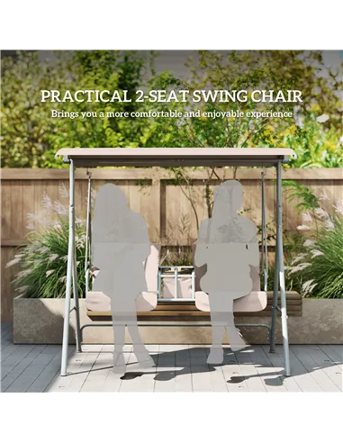 Outsunny 2 Seater Garden Swing Chair Patio Rocking Bench w/ Tilting Canopy, Double Padded Seats, Storage Bag and Tray, Beige