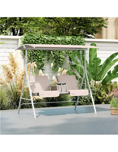 Outsunny 2 Seater Garden Swing Chair Patio Rocking Bench w/ Tilting Canopy, Double Padded Seats, Storage Bag and Tray, Beige