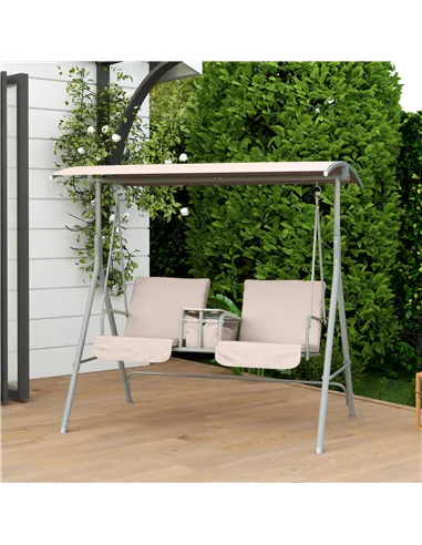 Outsunny 2 Seater Garden Swing Chair Patio Rocking Bench w/ Tilting Canopy, Double Padded Seats, Storage Bag and Tray, Beige