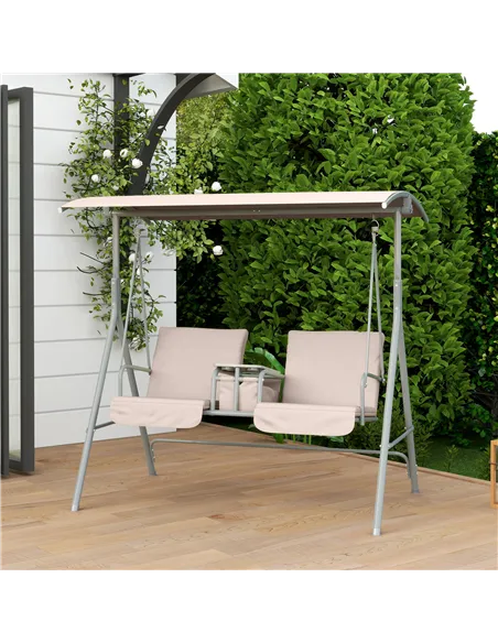 Outsunny 2 Seater Garden Swing Chair Patio Rocking Bench w/ Tilting Canopy, Double Padded Seats, Storage Bag and Tray, Beige