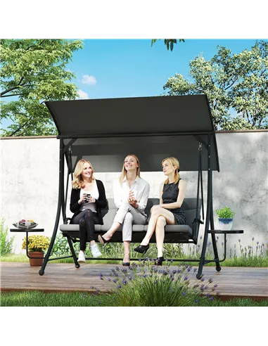 Outsunny Three-Seater Garden Swing, with Adjustable Canopy - Black/Grey