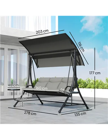 Outsunny Three-Seater Garden Swing, with Adjustable Canopy - Black/Grey