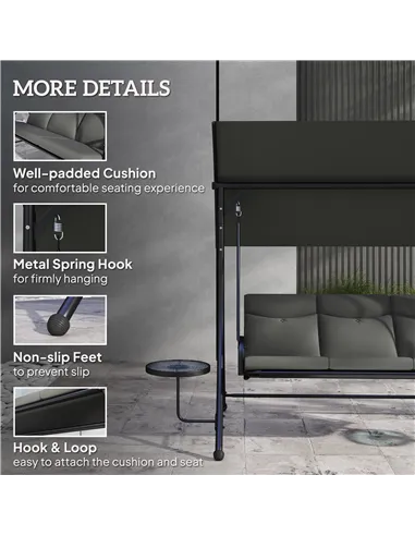 Outsunny Three-Seater Garden Swing, with Adjustable Canopy - Black/Grey