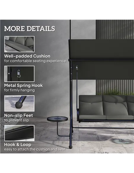 Outsunny Three-Seater Garden Swing, with Adjustable Canopy - Black/Grey