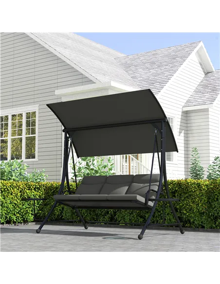 Outsunny Three-Seater Garden Swing, with Adjustable Canopy - Black/Grey