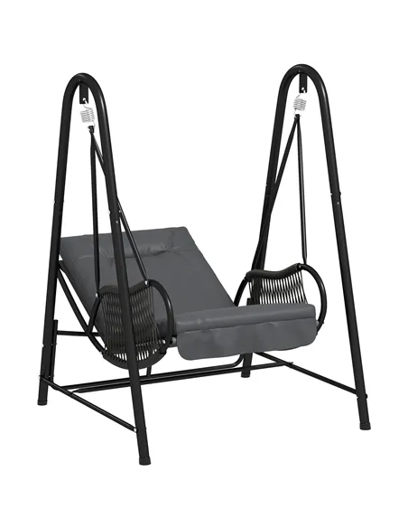 Outsunny Rattan Swing Chair, Outdoor Garden Hanging Swing Seat with Stand and Seat Cushion, Porch Hanging Chair for Balcony, Gar