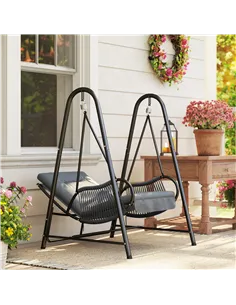 Outsunny Rattan Swing Chair, Outdoor Garden Hanging Swing Seat with Stand and Seat Cushion, Porch Hanging Chair for Balcony, Gar 2