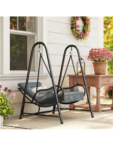 Outsunny Rattan Swing Chair, Outdoor Garden Hanging Swing Seat with Stand and Seat Cushion, Porch Hanging Chair for Balcony, Gar