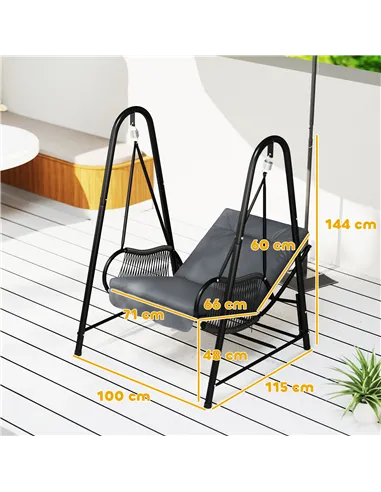 Outsunny Rattan Swing Chair, Outdoor Garden Hanging Swing Seat with Stand and Seat Cushion, Porch Hanging Chair for Balcony, Gar