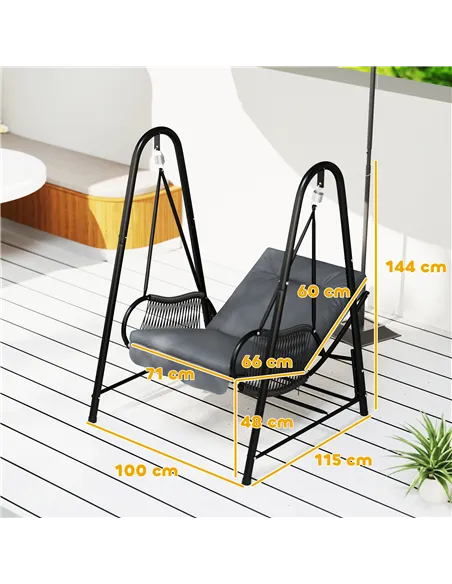 Outsunny Rattan Swing Chair, Outdoor Garden Hanging Swing Seat with Stand and Seat Cushion, Porch Hanging Chair for Balcony, Gar