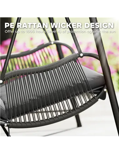 Outsunny Rattan Swing Chair, Outdoor Garden Hanging Swing Seat with Stand and Seat Cushion, Porch Hanging Chair for Balcony, Gar