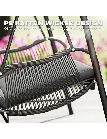 Outsunny Rattan Swing Chair, Outdoor Garden Hanging Swing Seat with Stand and Seat Cushion, Porch Hanging Chair for Balcony, Gar
