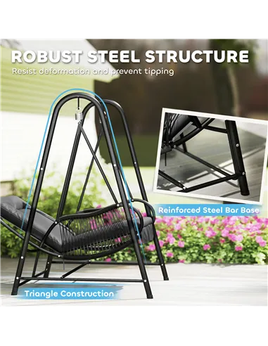 Outsunny Rattan Swing Chair, Outdoor Garden Hanging Swing Seat with Stand and Seat Cushion, Porch Hanging Chair for Balcony, Gar